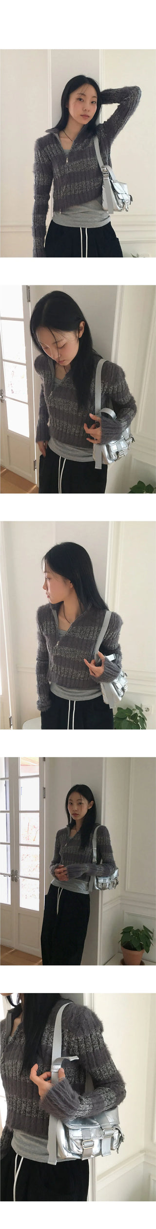 Near Angora Fur Color Stripe Two-way Diagonal Zipper Long Sleeve Knitwear