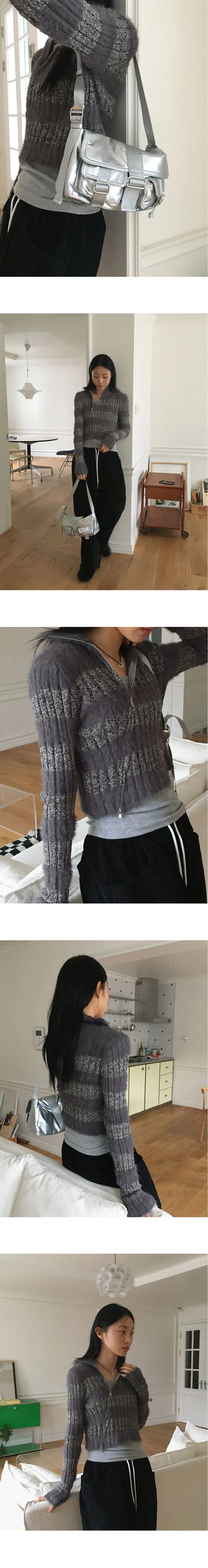Near Angora Fur Color Stripe Two-way Diagonal Zipper Long Sleeve Knitwear
