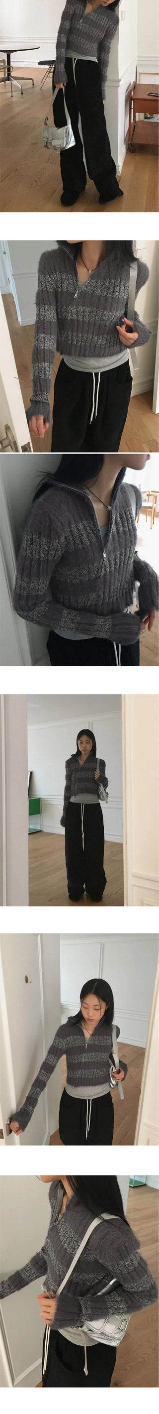 Near Angora Fur Color Stripe Two-way Diagonal Zipper Long Sleeve Knitwear