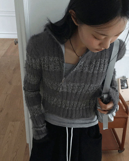 Near Angora Fur Color Stripe Two-way Diagonal Zipper Long Sleeve Knitwear