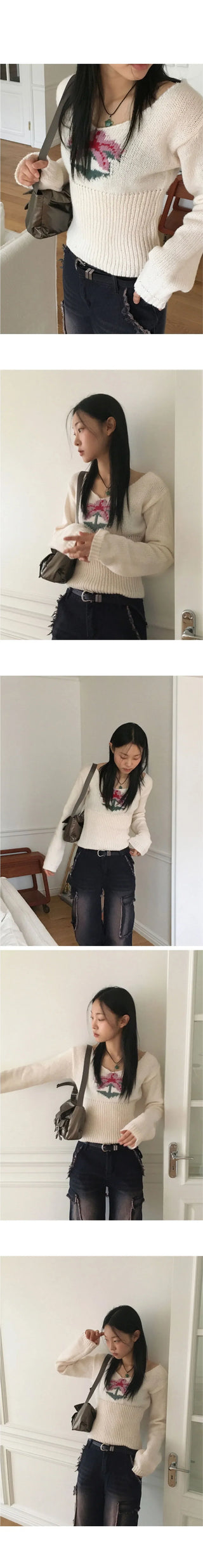 Claim Deep Unneck Flower Slim Long Sleeve Knitwear