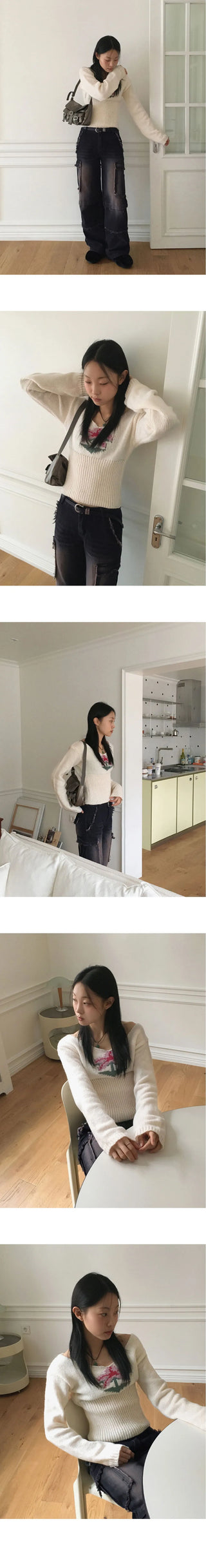 Claim Deep Unneck Flower Slim Long Sleeve Knitwear