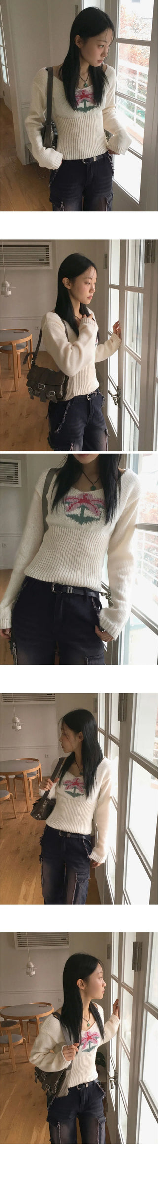 Claim Deep Unneck Flower Slim Long Sleeve Knitwear