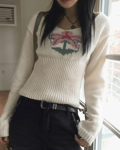 Claim Deep Unneck Flower Slim Long Sleeve Knitwear