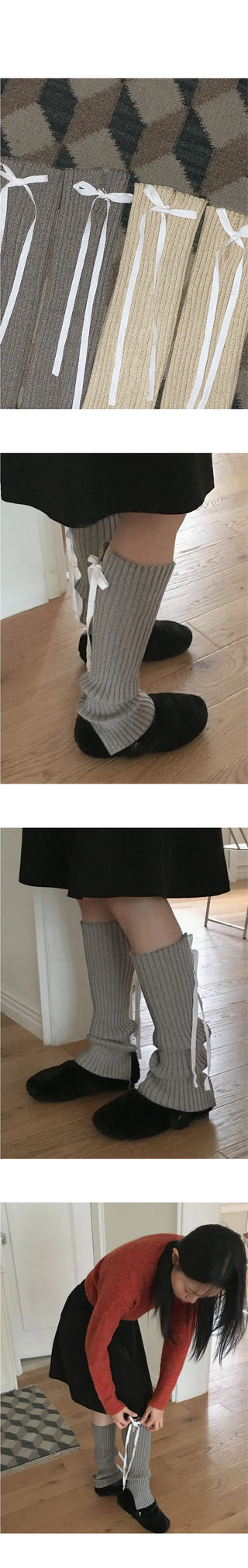 Corbel Ribbed Knitwear Ballet Core Ribbon String Slit Leg Warmer
