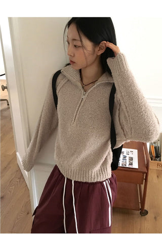 Seino Boucle Terry Split Long Sleeve Half Zip Up Knitwear