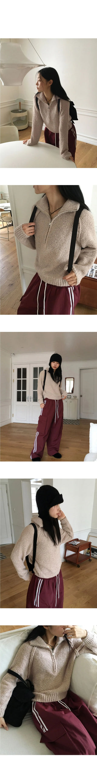 Seino Boucle Terry Split Long Sleeve Half Zip Up Knitwear