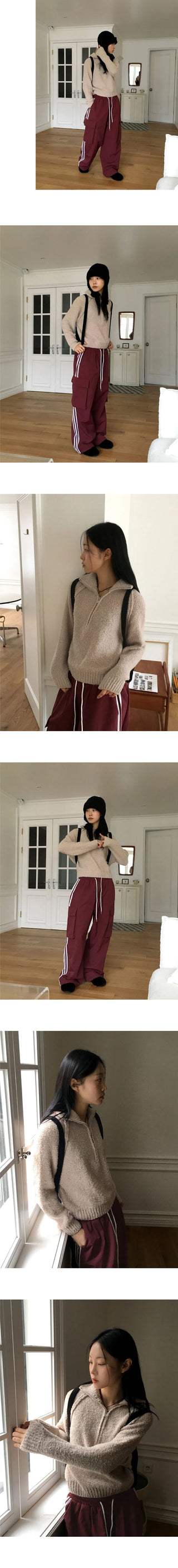 Seino Boucle Terry Split Long Sleeve Half Zip Up Knitwear