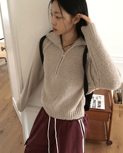Seino Boucle Terry Split Long Sleeve Half Zip Up Knitwear