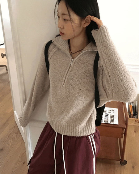 Seino Boucle Terry Split Long Sleeve Half Zip Up Knitwear