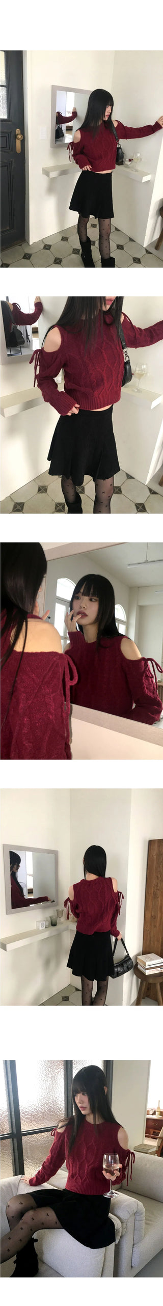 Mellow Shoulder Slit Twisted Ribbon Knitwear