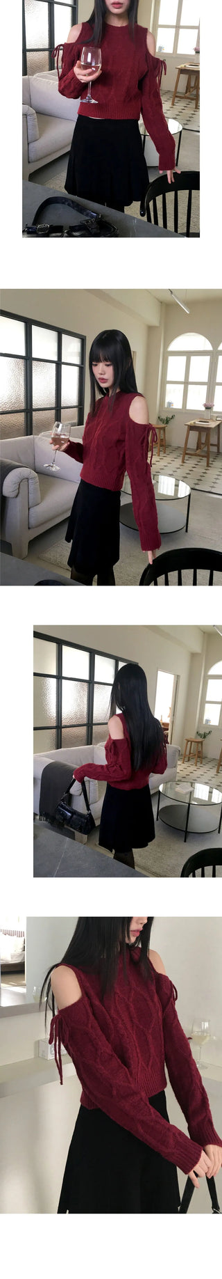 Mellow Shoulder Slit Twisted Ribbon Knitwear