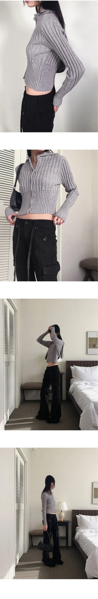 Pesto Ribbed Collar Button Knitwear Cropped Long Sleeve Cardigan