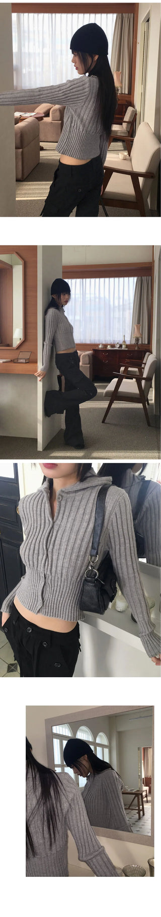 Pesto Ribbed Collar Button Knitwear Cropped Long Sleeve Cardigan