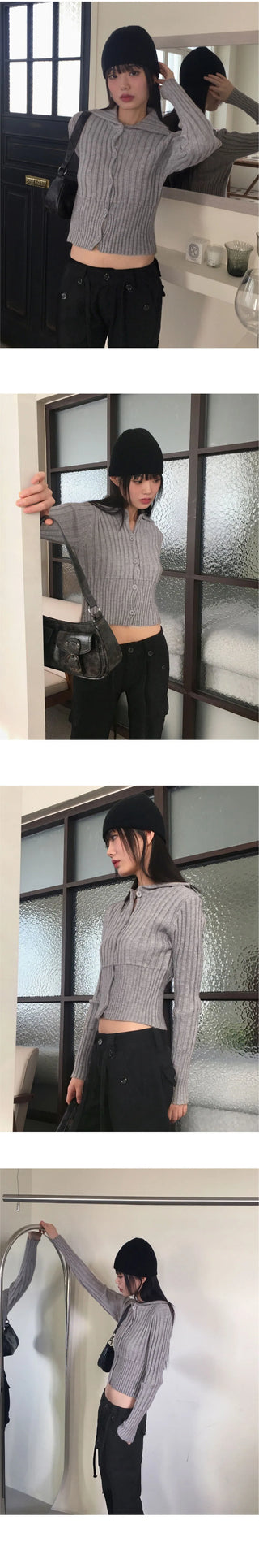 Pesto Ribbed Collar Button Knitwear Cropped Long Sleeve Cardigan