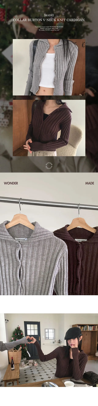 Pesto Ribbed Collar Button Knitwear Cropped Long Sleeve Cardigan