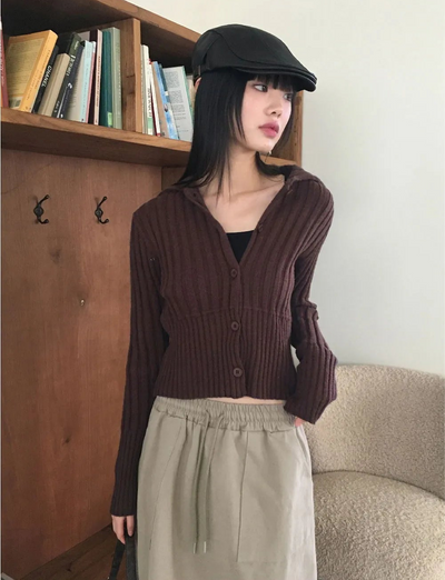Pesto Ribbed Collar Button Knitwear Cropped Long Sleeve Cardigan