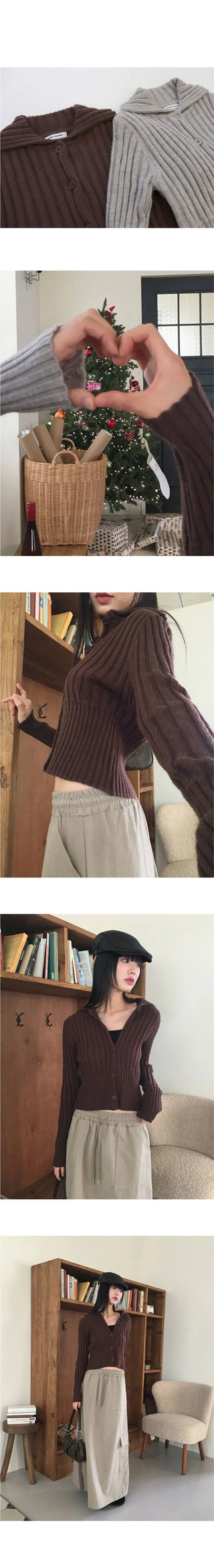 Pesto Ribbed Collar Button Knitwear Cropped Long Sleeve Cardigan