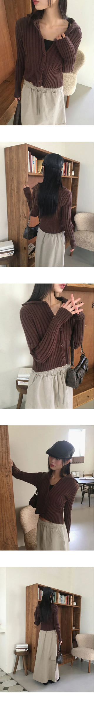 Pesto Ribbed Collar Button Knitwear Cropped Long Sleeve Cardigan