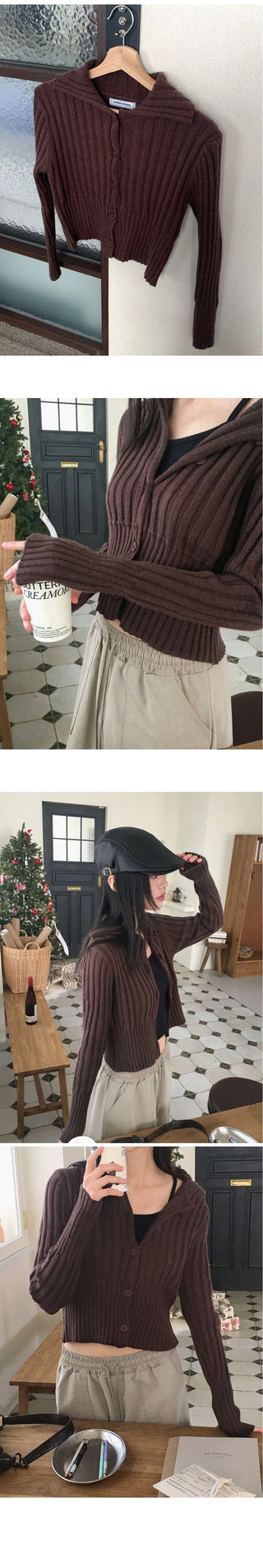 Pesto Ribbed Collar Button Knitwear Cropped Long Sleeve Cardigan