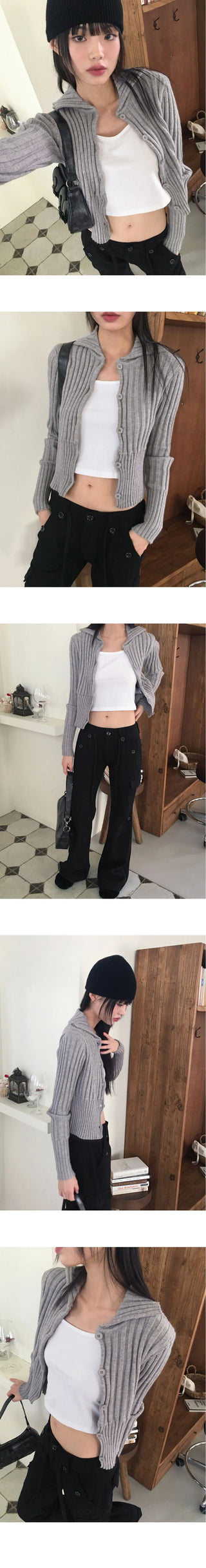 Pesto Ribbed Collar Button Knitwear Cropped Long Sleeve Cardigan