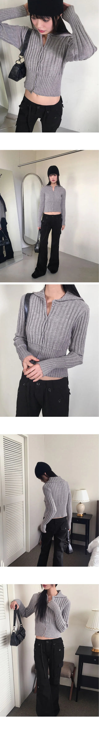 Pesto Ribbed Collar Button Knitwear Cropped Long Sleeve Cardigan