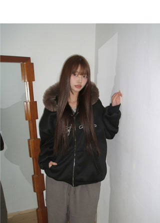 Rahin Print Overfit Fur Hooded Zip-Up