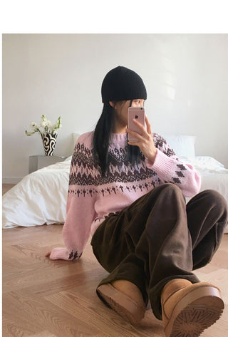 Babe Vintage Snowflake Nordic Round Long Sleeve Knitwear