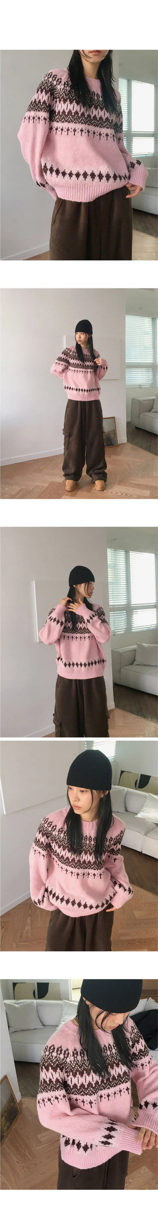 Babe Vintage Snowflake Nordic Round Long Sleeve Knitwear