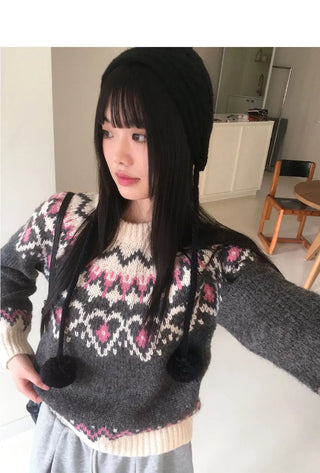 Candle Heart Nordic Color Pattern Round Long Sleeve Knitwear