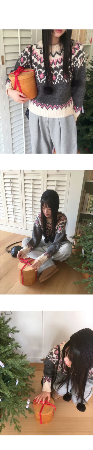 Candle Heart Nordic Color Pattern Round Long Sleeve Knitwear