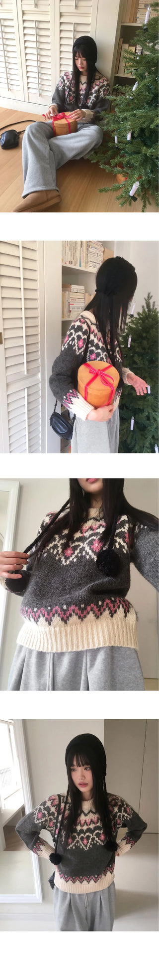 Candle Heart Nordic Color Pattern Round Long Sleeve Knitwear
