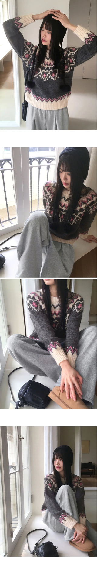 Candle Heart Nordic Color Pattern Round Long Sleeve Knitwear