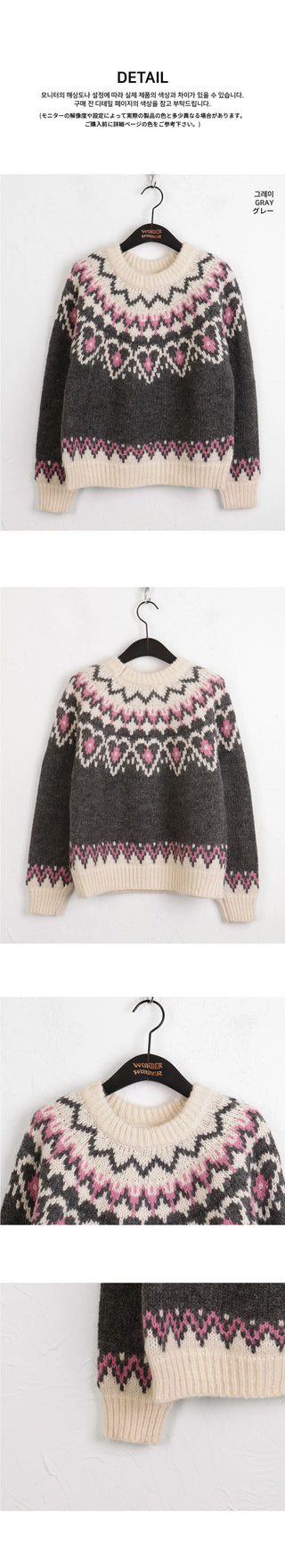 Candle Heart Nordic Color Pattern Round Long Sleeve Knitwear