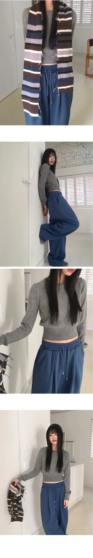 Limong Lambs Wool Round Crop Long Sleeve Knitwear