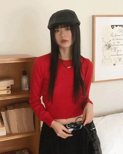 Limong Lambs Wool Round Crop Long Sleeve Knitwear