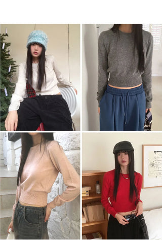 Limong Lambs Wool Round Crop Long Sleeve Knitwear