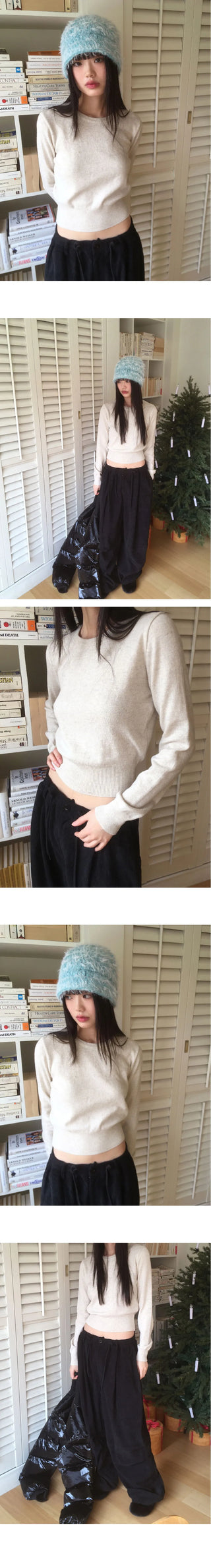 Limong Lambs Wool Round Crop Long Sleeve Knitwear