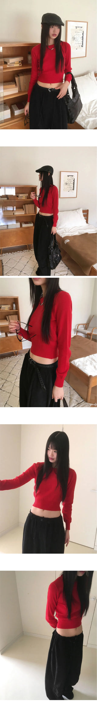 Limong Lambs Wool Round Crop Long Sleeve Knitwear