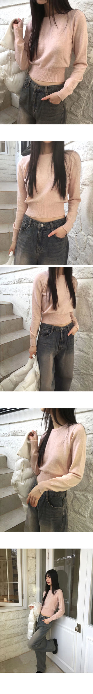 Limong Lambs Wool Round Crop Long Sleeve Knitwear