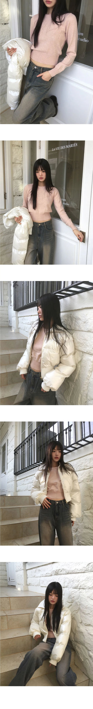 Limong Lambs Wool Round Crop Long Sleeve Knitwear