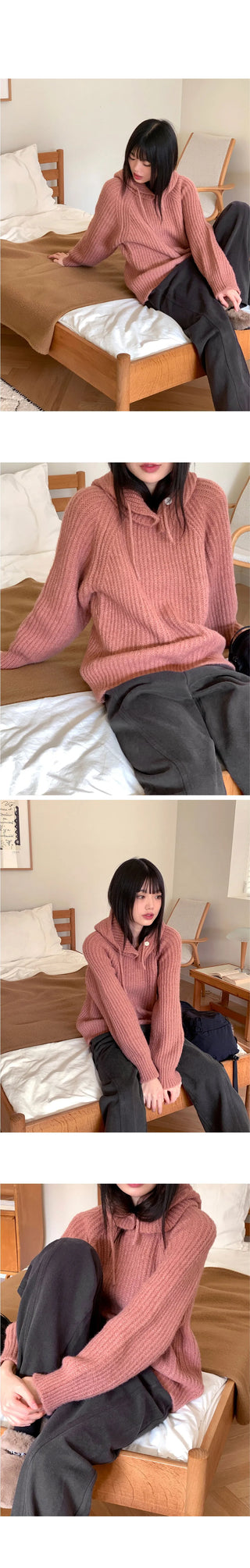 Creama Hooded Hatchi Round Loose-fit Long Sleeve Knitwear