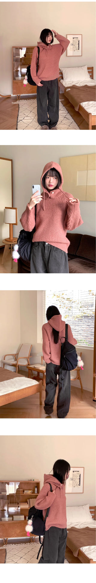 Creama Hooded Hatchi Round Loose-fit Long Sleeve Knitwear