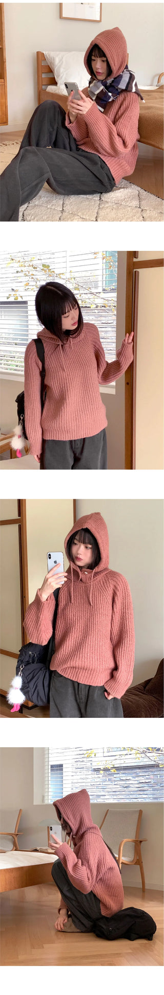 Creama Hooded Hatchi Round Loose-fit Long Sleeve Knitwear