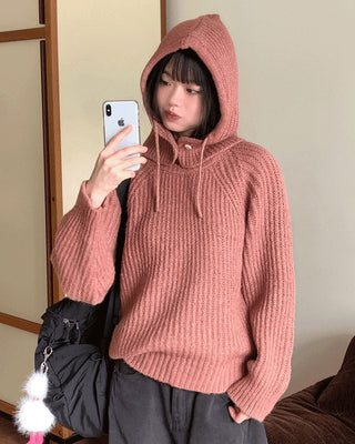 Creama Hooded Hatchi Round Loose-fit Long Sleeve Knitwear