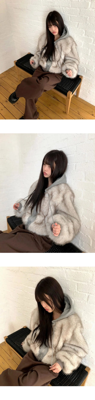 Dihi Two-Tone Fur Quilted Hooded Zip-Up Jacket