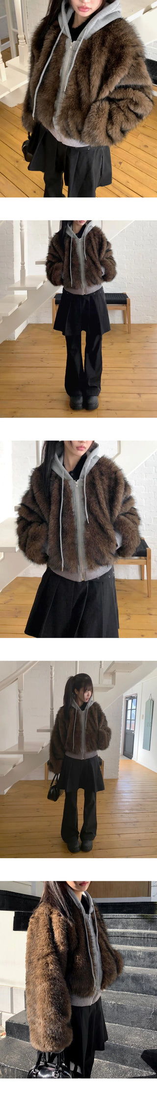 Dihi Two-Tone Fur Quilted Hooded Zip-Up Jacket