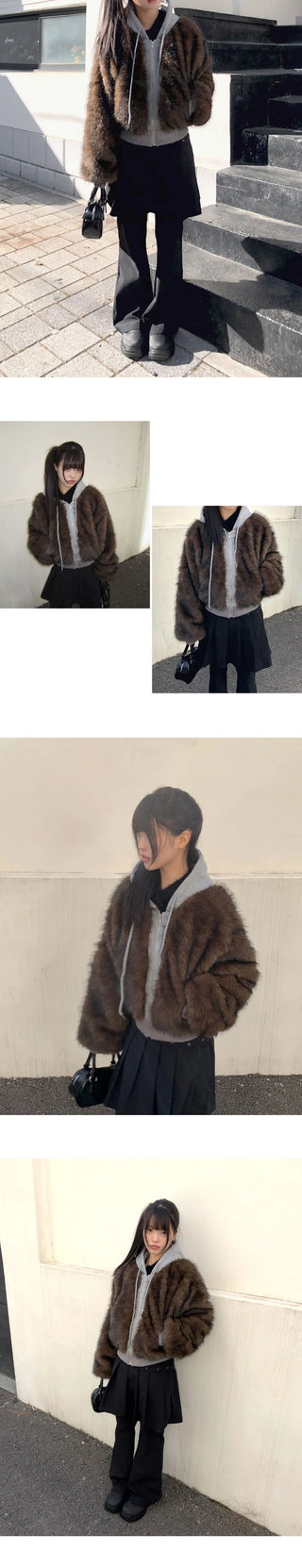 Dihi Two-Tone Fur Quilted Hooded Zip-Up Jacket