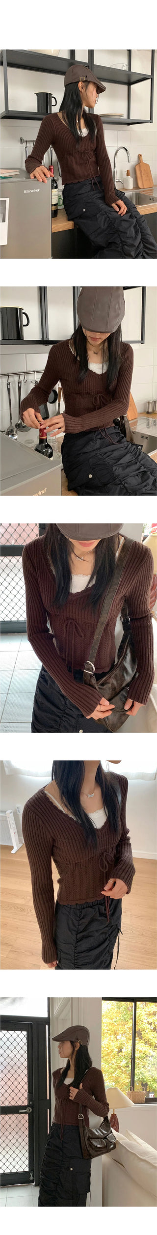 Naki Vintage V-Neck Ribbon Strap Punching Ribbed Long Sleeve Knitwear