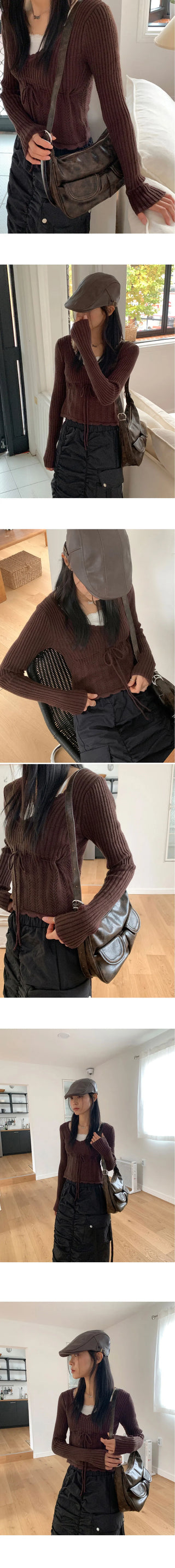 Naki Vintage V-Neck Ribbon Strap Punching Ribbed Long Sleeve Knitwear